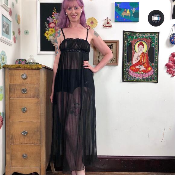 Vintage Black Chiffon Nightgown, Sheer Accordion Pleat Nightie Sz Small - Picture 12 of 12
